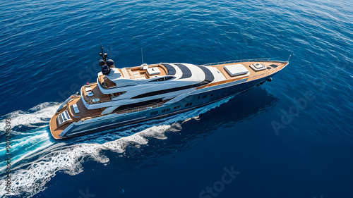 White luxury yacht sailing in ocean. Rich luxury lifestyle, summer pattern, superyacht going fast on calm sea surface. Perfect travel vacation design concept. Recreational transportation. AI generated