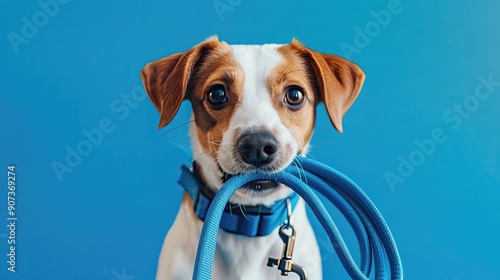 A dog is holding a blue leash in its mouth