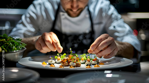 Chef plating gourmet dish with edible flowers