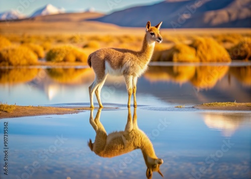 Adorable vicuna baby stands precariously at the water's edge in San Pedro de Atacama, Chile, surrounded by serene Andean landscape and reflected in calm waters.