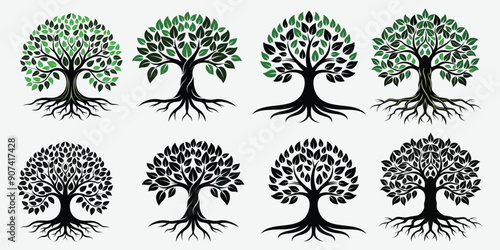 Set of Colourful and black banyan tree combo Package collection, Logo Icon Vector illustration design