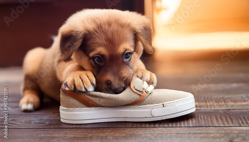  Dog Puppy with Shoe- Description- A puppy chewing on a shoe. _1(124)