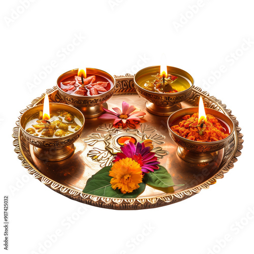 Indian beautiful puja thali with diya