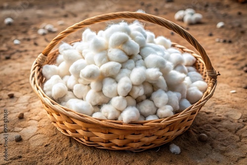 raw white cotton boll harvested in basket on farm field