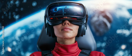 A futuristic woman experiences immersive virtual reality in space, showcasing advanced technology and breathtaking cosmic scenery.