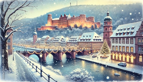 Winter in Heidelberg, features classic Heidelberg Castle perched on snowy hill, old bridge crossing icy Neckar River.jpeg