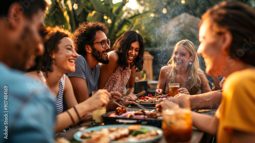 A group of people are gathered around a table with food and drinks