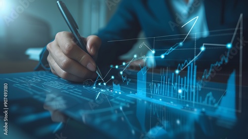 Businessman illustrates growth graph and analyzes financial data for strategic business planning and investment progress on a blue background