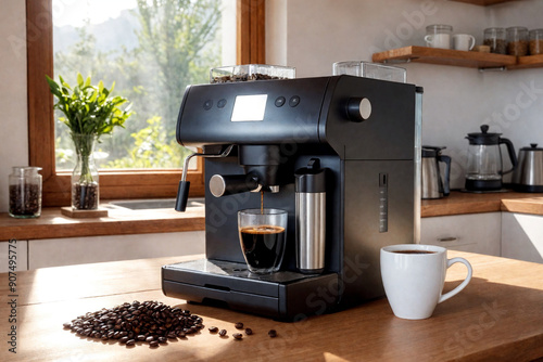 Black coffee machine with cup on counter in kitchen