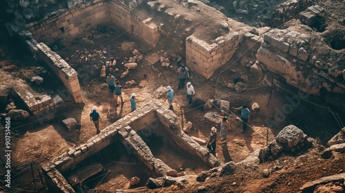 Archaeologists and workers excavate an ancient site, carefully examining the remaining stone structures