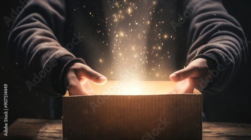 Person opening a box with light streaming out, symbolizing discovery, surprise, and the unveiling of hidden potential