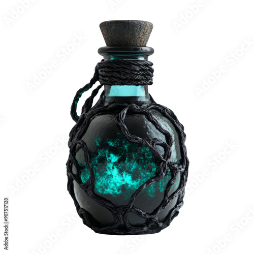 A mystical potion bottle with a glowing inner light, wrapped in dark vines, perfect for fantasy-themed projects.