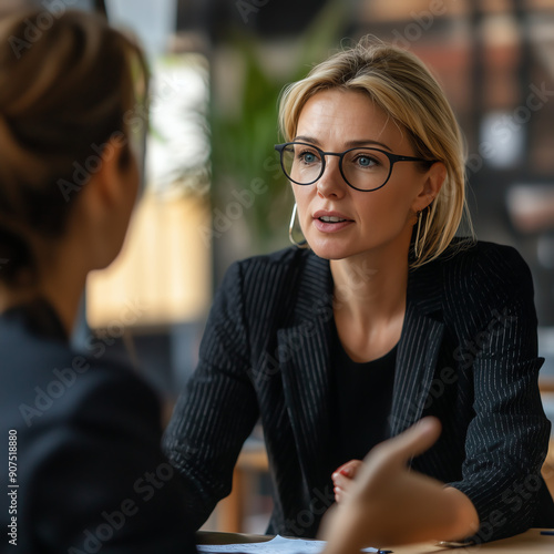 Focused Discussion: A businesswoman in glasses leans forward, engaged in a serious conversation with a colleague in a modern office setting. 