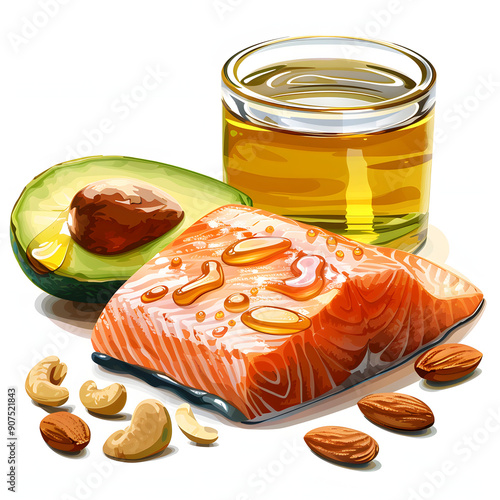 nourishing options for healthy fats: salmon, avocado, oils, and nuts. emphasizing selectivity isolated on white background, vintage, png