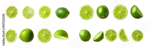 Whole and sliced limes isolated on a transparent background