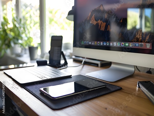 Modern Workspace with Desktop, Laptop, and Phone