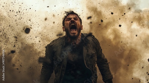 A soldier runs away from an explosion under flying shrapnel. Soldier With PTSD. military, war and emotional concept.