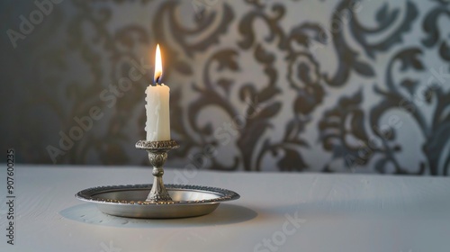 Close-Up of Yom Kippur Candle Holder Base with Lit Candle on White Surface