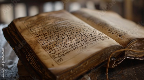 Close-Up of Open Machzor (Yom Kippur Prayer Book) on Table with Focus on Hebrew Text and Decorative Cover