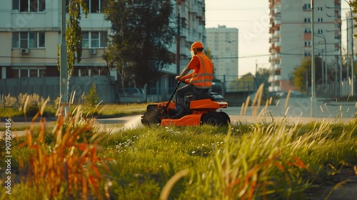 A worker in reflective clothing operates an orange rideon lawn mower cutting overgrown grass next to a city street : Generative AI