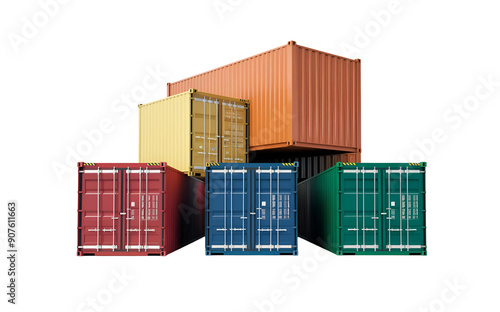 Stack of multicolored shipping containers isolated on transparent background