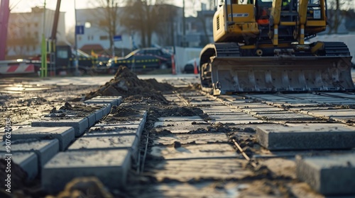 Construction site with paving slabs a level and a construction machine : Generative AI