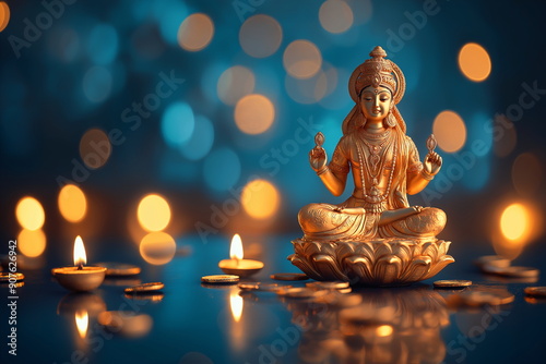 Illuminated golden Lakshmi statue with glowing candles, Hindu goddess of wealth and prosperity for Diwali celebration