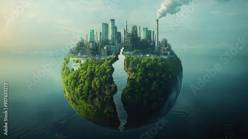 A split earth showing industrial pollution and pristine nature, duality of climate change impact, environmental awareness, global warming