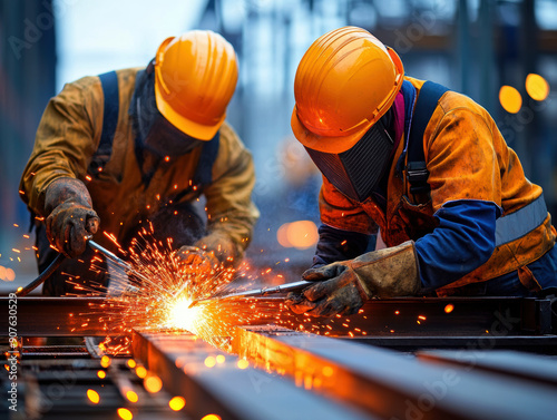 Two men wearing orange and yellow safety gear are working on a project. Concept of hard work and dedication to the task at hand