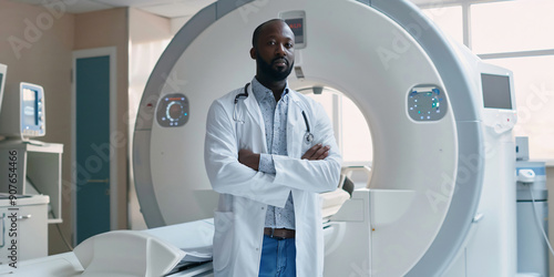 An African American doctor stands confidently in a hospital room, with a CT scanner in the background,. african man