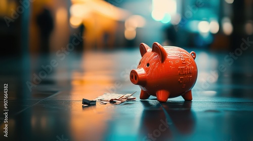 Cracked piggy bank on a desolate stock exchange floor, illustrating personal financial ruin, poignant and emotional