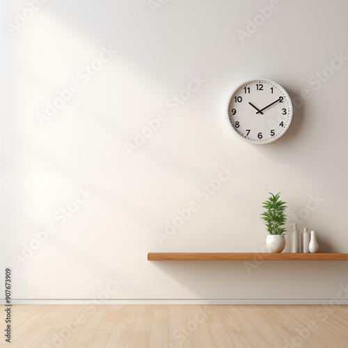 Minimalist Interior Design with Clock Plant and Shelf