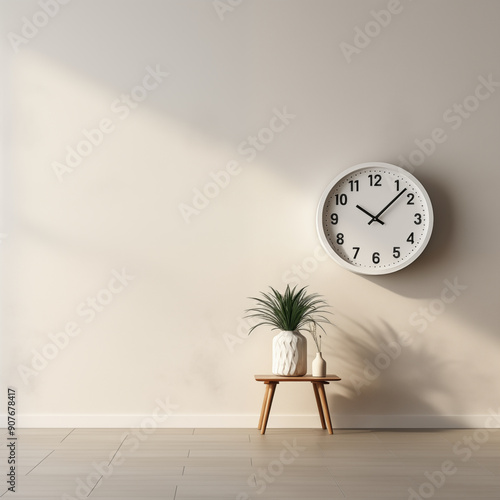 White Wall Clock with Plant and Side Table in Minimalist Interior