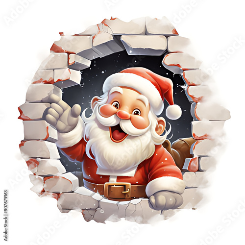 cute santa claus picking out of hole in the wall watercolor illustration