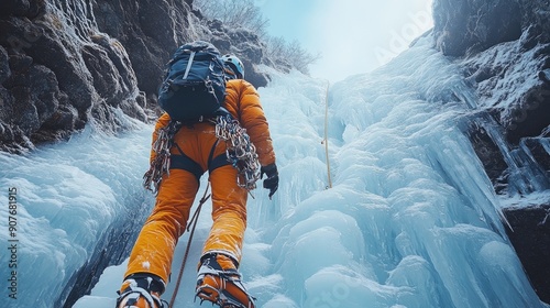 Alpinist ascending frozen waterfall during ice climbing expedition