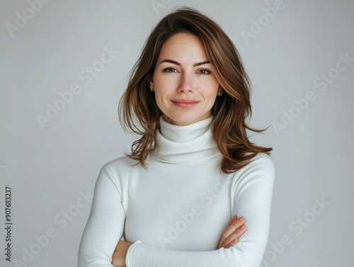 Studio portrait of a young happy woman looking to the camera, light grey background, wearing a turtle neck