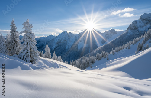 A breathtaking winter scene featuring snow-covered mountains and trees, with the sun shining brightly over the serene, pristine landscape