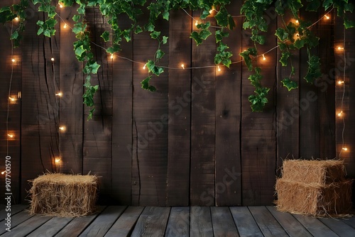 Digital backdrop, rustic hay bales, ivy with fairy lights, wooden background in a barn. Country and western photography.