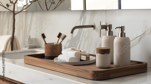 Bathroom accessories as decor: In the bathroom, open shelves display trendy bath essentials, including wooden organizers and metal accessories.