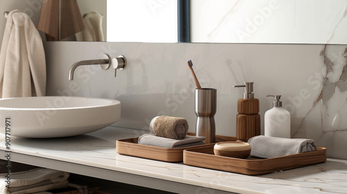 Bathroom accessories as decor: In the bathroom, open shelves display trendy bath essentials, including wooden organizers and metal accessories.