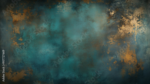 Dark grunge background with teal and brown tones, textured wall for design or digital art .Wall surface with luxury Venetian putty in blue and gold color