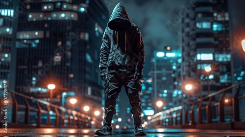 Man with tattered hood and half mask, night, city, tactical baggy street wear