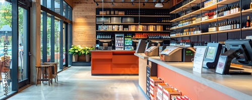 Modern checkout area in a wine boutique with sleek design and vibrant lighting