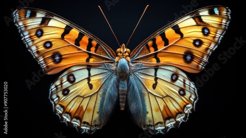 symmetrical, realistic photo of an exotic butterfly, full body, spread out taxidermy body