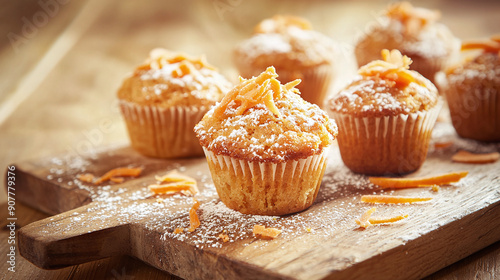 delicious gourmet carrot muffins on a rustic wooden board