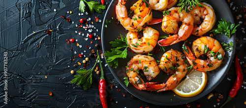 Sauteed shrimps and prawns seasoned with garlic, herbs, and lemon, displayed on a black background with copy space image