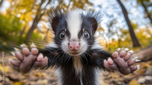 A baby skunk with a fluffy tail and bright eyes extends its paws towards the camera, snapping a funny and cute selfie with a fish-eye lens and a looped background that is not very blurry