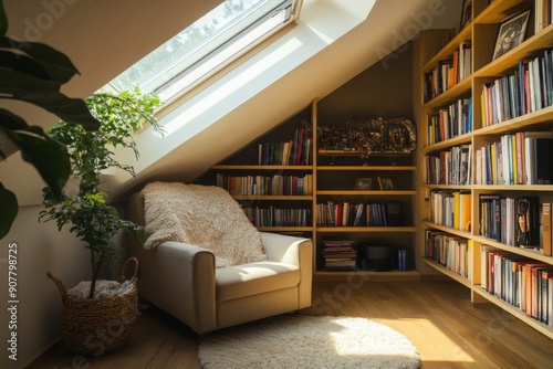 Cozy Attic Reading Nook with Bookshelves and Skylight