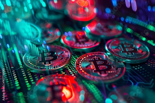 A close-up of cryptocurrency coins with a background of a computer screen displaying blockchain data