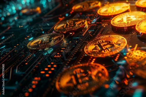 A close-up of cryptocurrency coins with a background of a computer screen displaying blockchain data